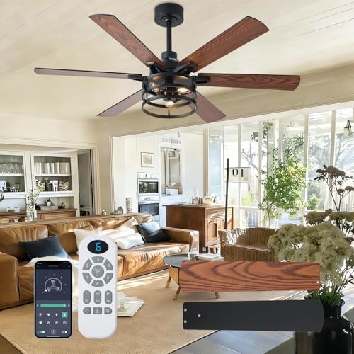 NKPU 52 Inch Farmhouse Ceiling Fan with Light and Remote, Brown Industrial Caged Rustic Ceiling Fan with 6 Speed Reversible Motor and Dual Finish 6 Blades, Rustic Ceiling Fan for Living - color: Brown