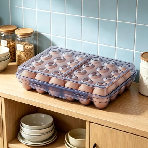 24 Grid Egg Storage Box for Refrigerator Kitchen Camping RV | Stackable BPA-Free Holder, Large Capacity Organizer Box With Lid, Portable Countertop Pantry Storage, Blue 1 Pack