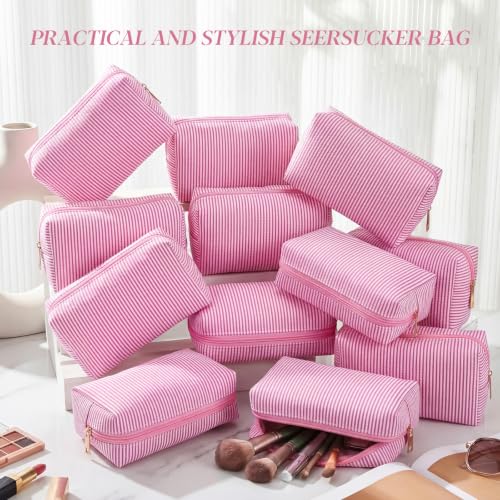 Sanwuta 20 Pcs Seersucker Cosmetic Bags Bulk, Striped Zippered,Pink | Makeup Bags Women Pouch, Large Preppy Storage Toiletry Travel Pouch for Wedding Bridesmaid Bride Favor Back to Teacher Gift - color: Pink