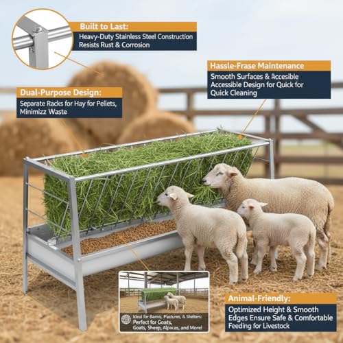 Pasture Feeder, 90 Gallons Multiple Sided Goat Hay Feeder, Stainless Steel Hay Rack with 27'' Wide Tray for Goats, Sheep, Horses, Lamb, Ease of Assembly, Detachable Grain Tray, Silver - style: Stainless Steel