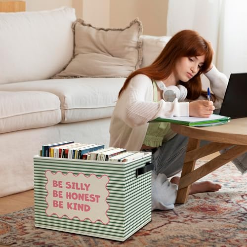Inspirational Nursery Storage Bins Box with Handles, Be Silly Honest Kind Motivational Pink and Green Striped Collapsible Basket Organizer for Kids Room Bedroom Bathroom Books Clothes - color: Color24