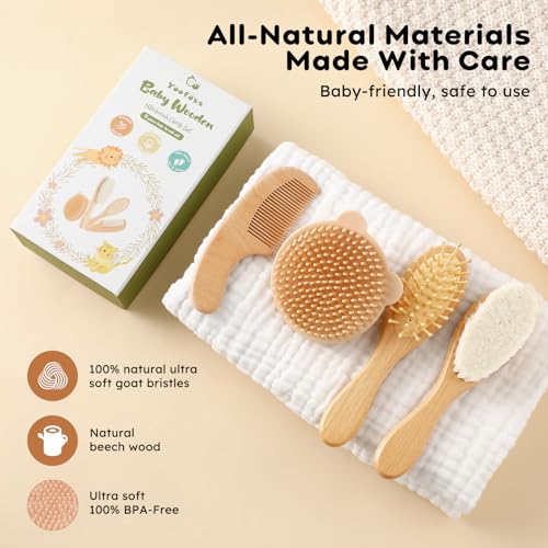 Yoofoss 4 Piece Baby Brush and Comb Set, Wooden Baby Brush with Natural Ultra Soft Goat Hair, Baby Hair Brush for Newborn, Baby Brush Set for Boy Girl - color: Wood
