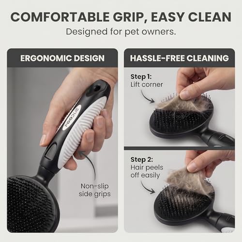 Round Bristle Pet Brush for Dogs and Cats - Soft Dog Brush for Grooming Short or Long Hair - Gentle Tool for Sensitive Skin Removes Dander, Dirt, and Detangles (Black) - color: Black