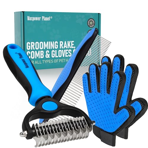 Maxpower Planet Dog Brush for Shedding, Dematting Grooming Tool, Large | Deshedding Undercoat Rake, Dual-Sided 9/17 Teeth, For Cats, Extra Wide, Non-Slip Handle, Gift for Pet Lovers - color: B1 - Rake, Gloves & Comb, size: Large