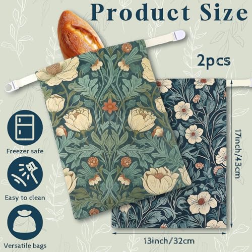Hushee 2 Pcs Beeswax Bread Bags for Sourdough, XL, William Morris Flower | 13 x 16 Inch Bread Bags for Homemade Bread, Reusable Organic Linen Cotton Storage Bags, Keep Loaves Fresh Longer - style: William Morris Flower