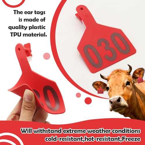 One-Piece Cattle Ear Tags 001-050 Number TPU Large Size Animal Identification Tags Cattle Livestock Ear Tags for Cows Hogs Sheep Tagging Farm Animal Supply (001-050, Red) - color: Red
