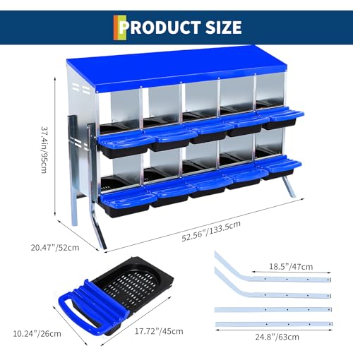 Chicken Nesting Box with Roll Away Design, 2-Layer Hen Nesting Boxes with Legs and Removable Lid, Easy Egg Collection, Cleanable Pull-Out Roosting Box for Chickens - color: Blue, size: 10 holes with legs