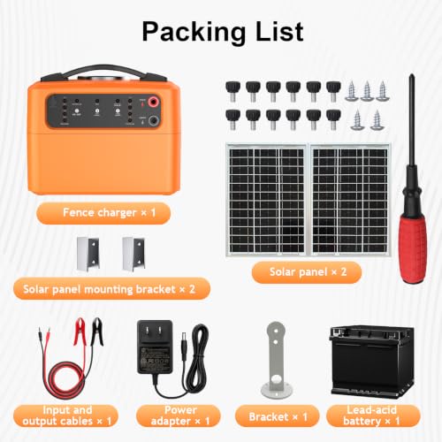 30 Miles Solar Electric Fence Charger, 15W Solar Powered Electric Fence Kit with 6–12KV & 0.3–1.5J Adjustable Output, Battery Level LCD Display, All-Weather for Livestock, Farm, Garden