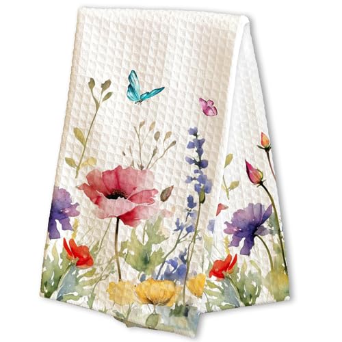Spring Colorful Flowers & Butterflies Kitchen Towel - 16 x 24 Inches Wildflowers Kitchen Hand Dish Towel - Decorative Fast Drying Home Dishcloth Decor Gifts for Friends Family - A13 - color: Flowers