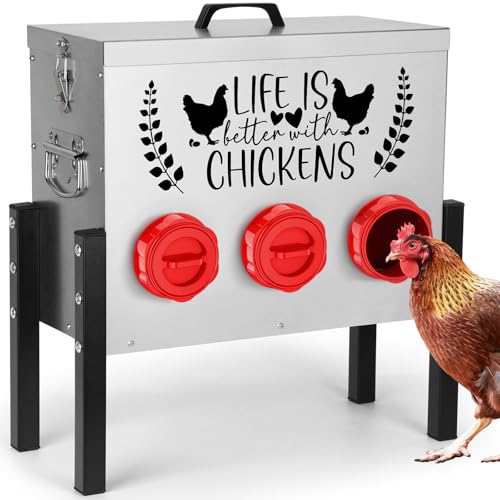 ‎Tgeyd 30 lb Chicken Feeder with 6 No-Waste Ports – Heavy-Duty Outdoor Metal Feeder with Adjustable Height, Locking Lid & Riveted Handles – Rustproof Feed Box for Poultry & Backyard Chickens - color: Rose-bengal