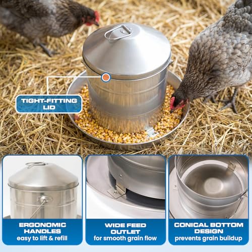 Plexon 17.6 Lb Hanging Chicken Feeder Metal Chicken Feeder with Handle no Waste Food - Stainless Steel - Turkey Duck Poultry Feeder - Heavy Duty Feeding Equipment - Grade Large - size: 17.6 LB