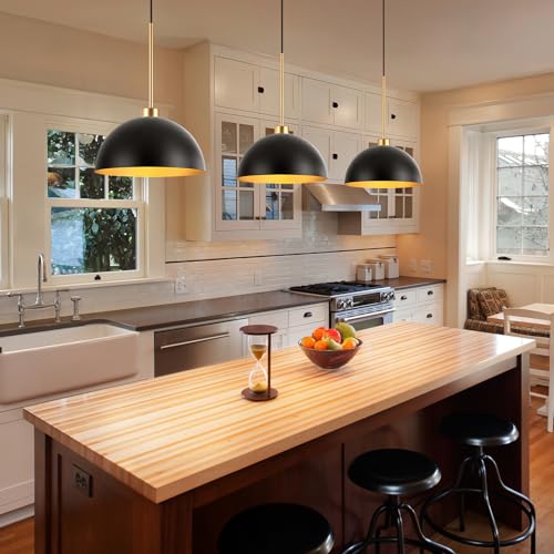 3-Light Black and Gold Dome Pendant Light Fixtures | Farmhouse & Industrial Style, E26 Base, Height Adjustable, Easy Installation, for Dining Room Bar Kitchen Island - color: Black-3 Lights