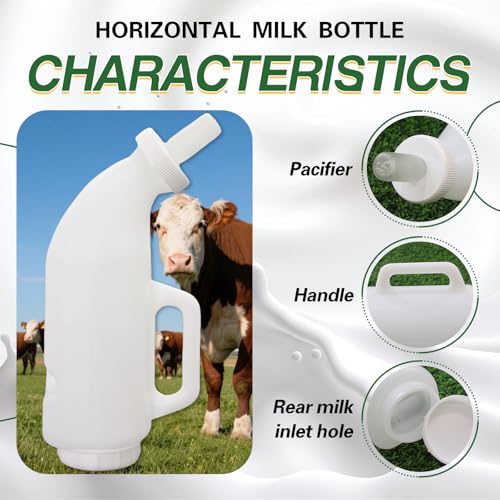 2.64 Quart High-Capacity Horizontal Milk Bottle Calf Feeder Bottles with Handle and Silicone Nipple，Farm Cow Milk Feeder, Livestock Supplies (White)