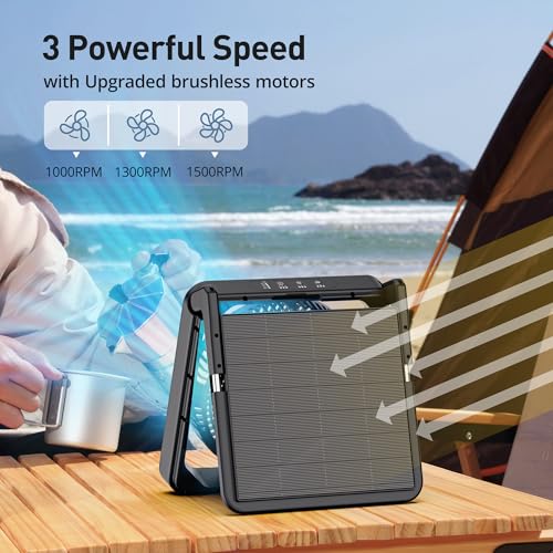 11.5 inch Portable Solar Powered Fan, Battery Powered Camping Fan, Solar Charger, Timer & Lantern, Battery Operated Travel Fan for Sleeping Outdoor Tent Car Beach Hurricane Essentials Accessories