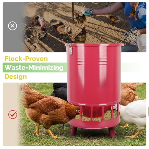 Solution4Patio 50LB No-Waste Chicken Feeder, Large Capacity Gravity Dispenser with Spill Control & 16 Feeding Ports Poultry Feeder for Outdoors & Hen Coop (Red) - color: Red