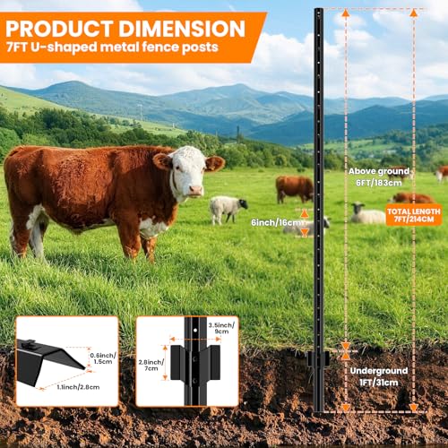11 Pack Metal Fence Posts,7 FT Garden Fence Post,T Post for Wire Fence, No Dig Steel U Post Fencing，Black Garden Stakes for Temporary Fencing, Electric Fence Wire, Corner Anchor - size: 7ft-11PCS