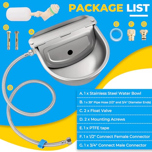 NATGAI Automatic Animal Drinking Water Bowl with Float Valve, 304 Stainless Steel Auto Filling Water Dispenser, Dog Water Bowl Dispenser Kit for Outdoor Farm, Ranch, Goat, Horse, Poultry, Livestock