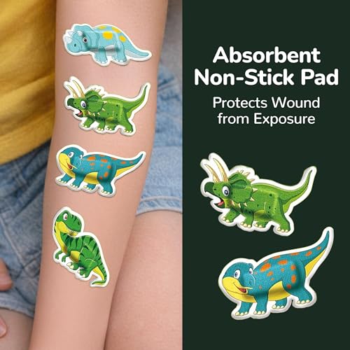 BioSwiss Bandages, Dino Shaped Self Adhesive Bandage Set, Latex Free, Sterile Wound Care, 24 Count - size: 24-Count Box, style: Baby Dino