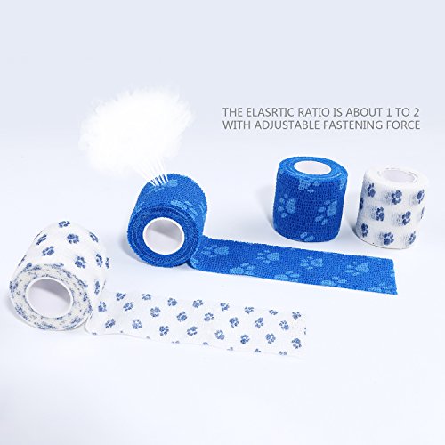 Pet Bandage Cohesive Bandage Self Adhering Wrap Tape, Multi-Function Elasticity Gauze Rolls Wrap First Aid Vet Tape for Dogs Cats Horses Birds Ankle Sprain (White and Blue)