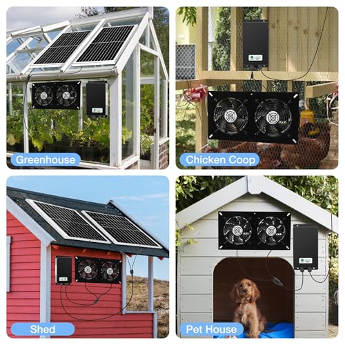 Fanspex Solar 2 Fan Kit with 66.6 Wh Battery Backup for Greenhouse | 50W Solar Powered Rechargeable Weatherproofed for Chicken Coop & Shed Exhausting or Air Circulation - size: 2 Fan Large Kit