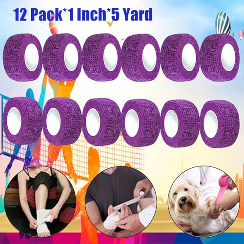 12 Pack Self Adhesive Wrap Bandage - Vet Wrap for Pets, Stretch Self-Adherent Cohesive Tape Breathable Athletic Tape Rolls (1 Inches x 5 Yards Each, Purple) - color: Purple