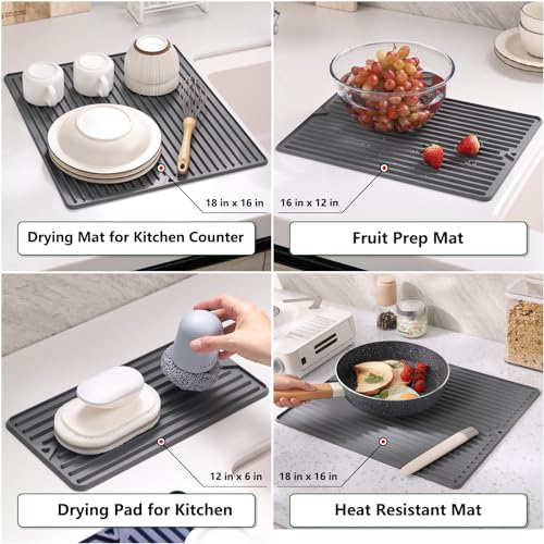 Silicone Dish Drying Mat, 18 x 8.5 Inches Grey | Elegant Design for Kitchen Counter, Multipurpose Durable Food Grade Silicone, Non-slip, Quick Water Releasing - size: 8.5" x 18"