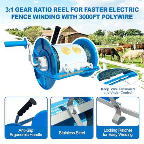 Prewound Polywire 3000ft onto 3:1 Geared Electric Fencing Reel, Integrated Wire Guide for Constant Tension & Auxiliary Unwinding Handle - Heavy Duty Farm Garden Livestock Fencing - size: 3000ft Polywire x 1 Large Reel