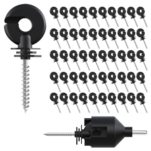 50pk Screw-in Electric Fence Ring Insulators, Wood Post Supplies | UV-Resistant Heavy Duty Plastic; Free Installation Socket Tool; 80% Faster Setup; Fits Polywire Rope Tape; Cattle Horse Sheep