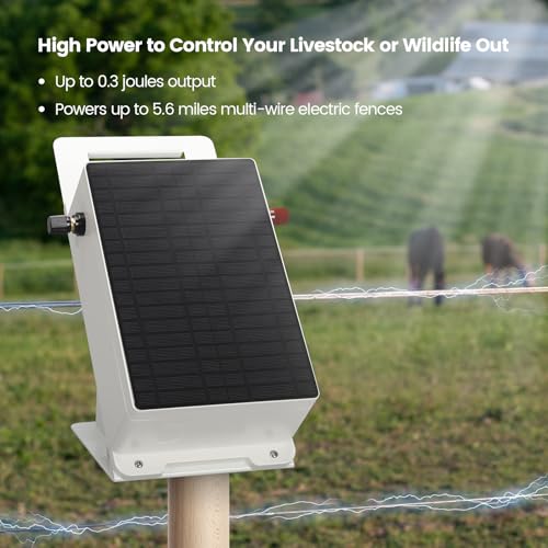 Solar Fence Charger - Briidea Solar Electric Fence Energizer for Up to 5.6 Miles, 0.3 Joules, IP66 Waterproof for Livestock, Gardens, Pastures & Wildlife Control, Energy Saving Design - color: 0.3 Joules with handle