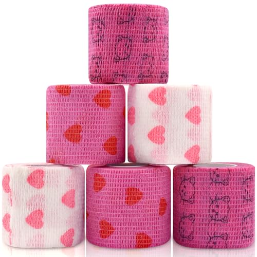6 Roll 2 Inch x 5 Yards Heart and Cat Print Pet Vet Wrap for Dogs Cats, Cohesive Bandages in Bulk, Pink Non-Woven Self Adhesive Bandages Wrap Roll for Pet Animals Wound Care, Ankle Sprain and Swelling