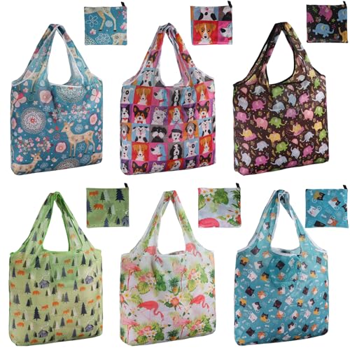 Reusable Grocery Shopping Bags 6|10 Pack, Foldable Tote Bags, Machine Washable Nylon Shopping Totes for Groceries - color: Animal-6pcs