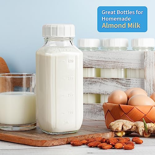Syntic 8 Pack 16 Oz Glass Milk Bottles with Lids,2 Pour Spouts & Extra Lids | Reusable Glass Bottles with Measurement Marks for Juice,Breast Milk,Beverage Storage,Refrigerator Organization & Daily Use