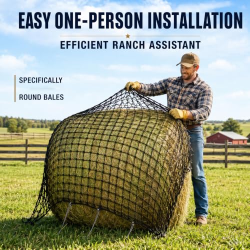 5 * 5ft Round Bale Hay Net 1.75" Knotless Slow Feed Hay Net, Heavy Duty Hay Saver Net Holds 800 lbs, UV Resistant Horse Hay Net for Round Bales, Horses, Cattle, Goats & Sheep - color: 5*5FT