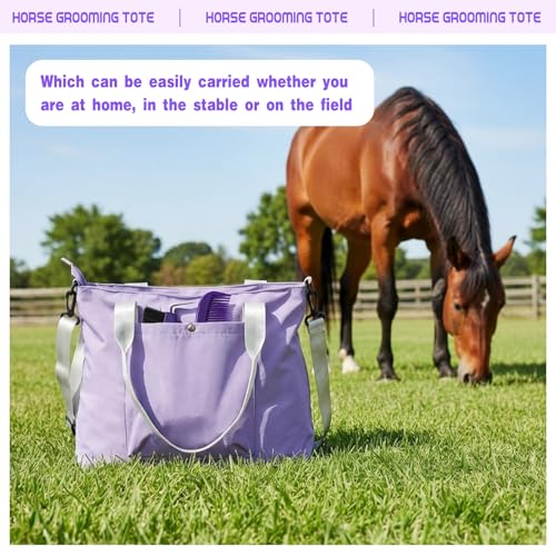 Abbylike 15 Pieces Horse Grooming Kit with Organizer Tote Bag Tack Room Supplies Horse Brush Sets Care Equine Cleaning Kit Shedding Grooming Massaging Tools(Purple and Grey) - color: Purple and Grey