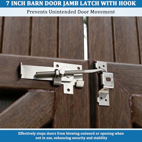 Barn Door Jamb Latch with Hook -7 Inch, Zinc Construction | Secure Sliding Door Lock for Barn and Bi-Parting Doors, Silvery Heavy Duty Barn Door Latch