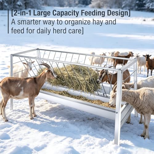Anti-Waste 99-Gallon Goat Hay Feeder, 2-in-1 Galvanized Steel Livestock Feeder with Hay Rack and Grain Trough, 59" Long for Goats Sheep Calves in Barn Pasture Farm