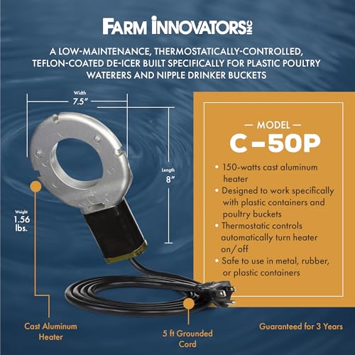 Farm Innovators Chicken Waterer De-Icer for Nipple Drinker Chicken Water Buckets - 150W Water Deicer with Thermostatically Controlled Heating | For nipple drinker chicken water buckets, energy-efficient thermostatically controlled heater operates only whe