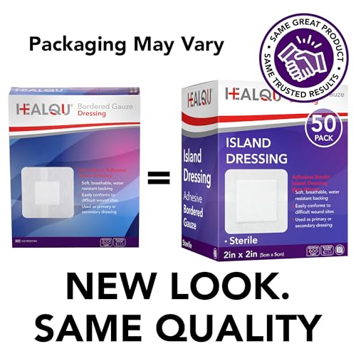 HEALQU Bordered Gauze Island Dressing - 50 Count, 2" x 2" Sterile Individually Wrapped Gauze Pads with Water-Resistant, Non-Woven Backing - Soft and Breathable Wound Dressing for First Aid and Medical - size: 2x2" (1x1" pad) Box of 50