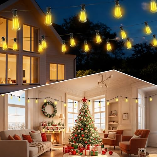 Solar Lights Outdoor 33FT, Dimmable Remote Control Patio Lights | Waterproof Solar Light with 11 ST38 Shatterproof Bulbs, Solar Powered & USB Charging, 3 Light Modes, Camping Backyard Garden - size: 10M-33FT