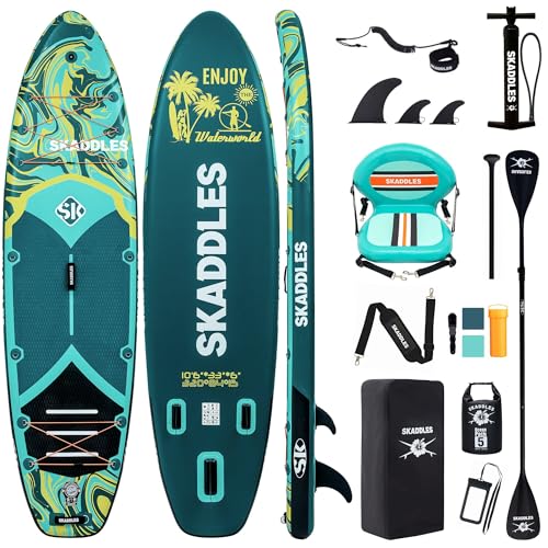 10’6’’ Inflatable Stand Up Paddle Board (SUP) for Adults and Youth with Non-Slip Deck – Complete Accessories Kit, for Fishing, Yoga, Fitness & Family Fun - color: dark green water ripple/seat
