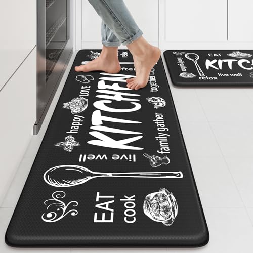 KIMODE Kitchen Mats 2PCS,Cushioned Anti Fatigue Farmhouse Kitchen Rugs Mats | Non Slip Waterproof Kitchen Mats for Floor,Comfort Foam Standing Desk Mat for Home,Kitchen,Sink,Laundry,Dormitory Black - color: Kitchen/Black, size: 17.3" x 47"+17.3" x 29"--0.