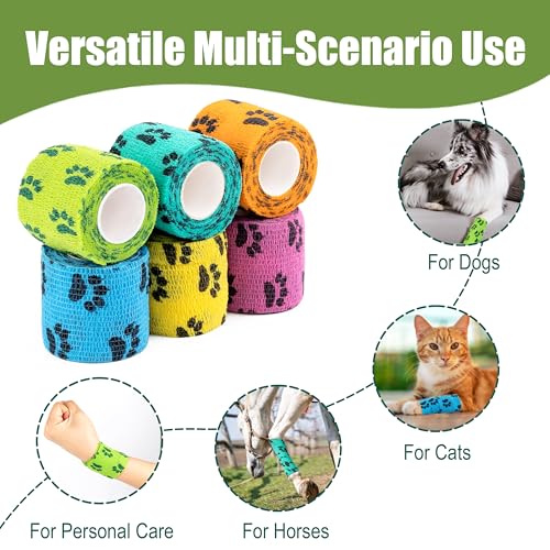 Vet Wrap Cohesive Bandages, Self-Adhesive Bandage Wrap, Breathable Non-Woven Self Adherent Tape for Pet Dog Leg Paw Wound, Horse, Cat, First Aid & Ankle Sprain, 2 Inch (6 Rolls) - color: Paw Prints