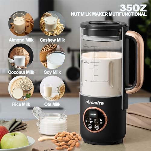 Arcmira Automatic Nut Milk Maker Machine, 35oz Soy Milk Maker with 10 Blade | No Soak/Delay Start/Keep Warm/Self-Clean for Homemade Almond/Soy/Oat Milk, Juice, Plant-Based & Dairy Free for Family & Party - color: Black