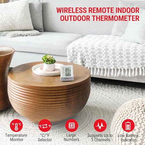TempPro TempAir Indoor Outdoor Thermometer Wireless 500FT | Outside Greenhouse Thermometer with Temperature Sensor, Temperature Monitor for Patio Reptile House Home Baby Room - color: White In-outdoor Thermometer
