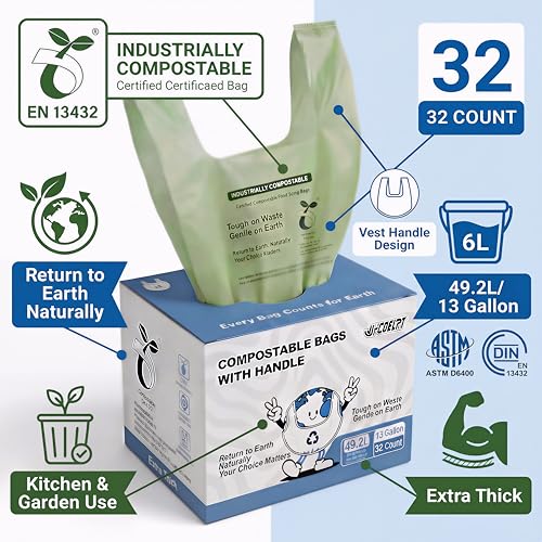 13 Gallon Compostable Kitchen Bags with Handles, 32 Count - Extra Thick 0.9 Mil Tall Kitchen Bin Liners, Seedling Certified, Unscented Food Scrap Bags - color: 13Gal 32Pcs