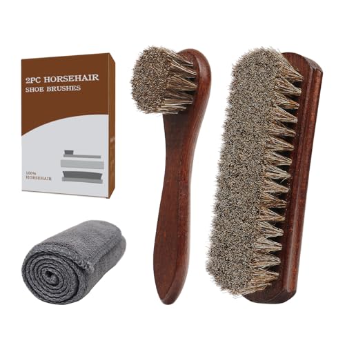 3-Piece 100% Horse Hair Shoe Brush Kit Premium Dauber Applicators Leather Care Cleaning Set with Polishing Brushes and Microfiber Cloth for Leather Suede Shoes Boots Bags Cars Cleaning Polishing
