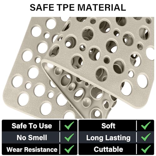 Square Shower Mat Non Slip, 27" x 27" Large Shower Mats for Inside Shower, Soft TPE Shower Floor Mat with Suction Cups and Big Drain Holes, Anti Slip Shower Stall Matt, Khaki - color: Khaki