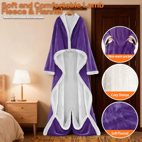 Wearable Heated Blanket With Sleeves & Foot Pocket, Heated Throw Blankets Fast Heating Blanket With 10 Heat Settings Auto Shut Off Over-Heat Protection-Warm Gift, Machine Washable, 52”*72”+18” - color: Purple