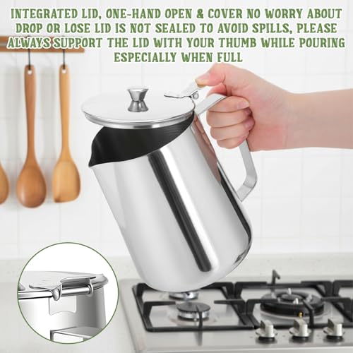 67 oz 304 Stainless Steel Pitcher with Lid | 2000 ml Large Metal Measuring Cup with Handle Dual Scale Markings Milk Frothing Jug for Iced Tea Hot Water Espresso Machines