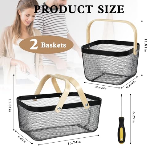 2 Pack Garden Harvest Basket, Metal Mesh Wire Picnic Basket with Handle | for Picnic, Vegetable Gathering, Fruit Picking, Kitchen Storage, Black, Sturdy, Lightweight, Home Closet, Office, Gift. - color: Black